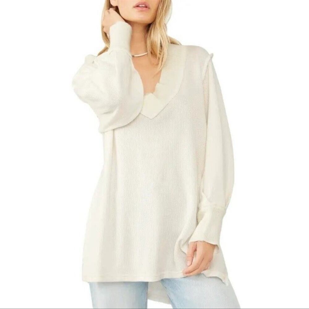 Free People Asher Thermal Top NWT Ivory/White Long Sleeve Oversized WaffleKnit S